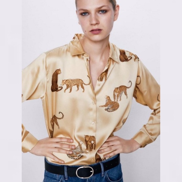 Zara | Tops | Zara Cheetah Leopard Cat Print Silky Blouse Xl | Poshmark